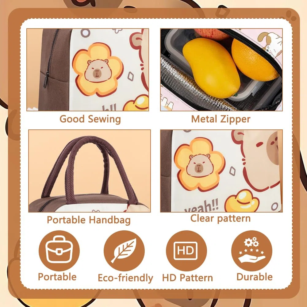 Borsa Per Il Pranzo Capybara E Bambini Con Bicchiere e Porta Pranzo,Set Da Pranzo Per La Scuola,Borsa Termica Lunch Bag Porta Pranzo Al Sacco Cartoni Animati Per Viaggi,Lavoro,Scuola