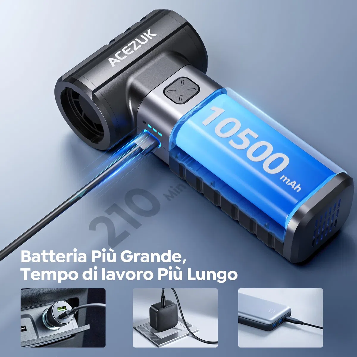 Aria Compressa Elettrico Rimuovi Polvere, 250000RPM & 10500mAH & 4 Velocità Air Duster Soffiatore PC con Batteria Ricaricabile Per PC, Tastiera, Ufficio, Auto, Puliz