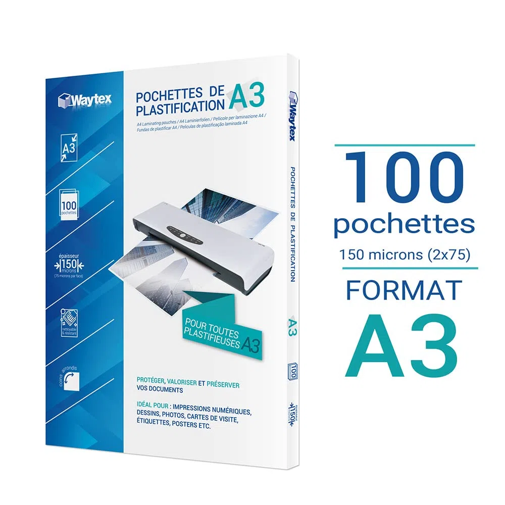Waytex - Confezione da 100 fogli di plastificazione A3 75 micron, finitura lucida, trasparente