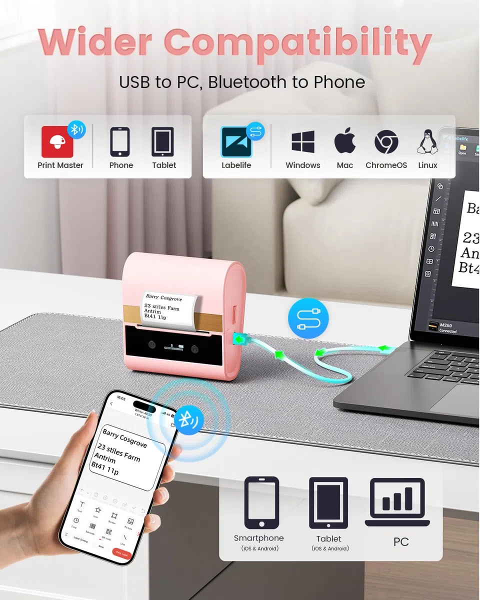 Memoking M260 Stampante per Etichette - Stampante termica per Etichette Portatile, Bluetooth Etichettatrice Etichette Adesive, Adatto per Ufficio,Codice a Barre, Trasporto, Cavo, Negozio, Rosa
