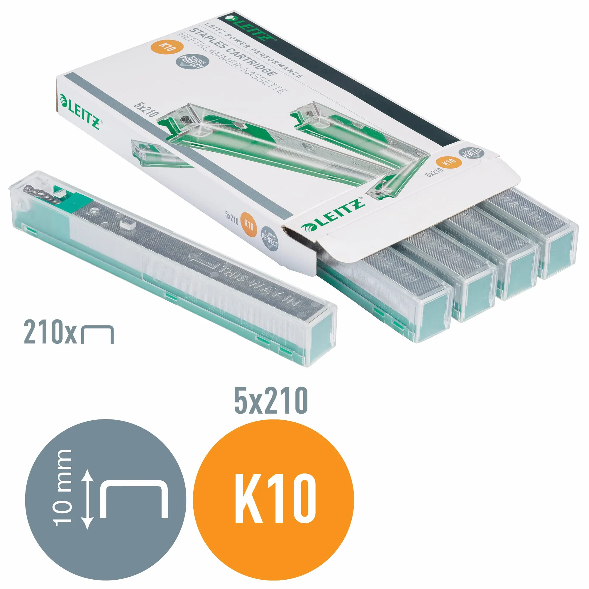 Leitz Power Performance Cassettes d'Agrafes Heavy Duty K10, Galvanisé, Boîte de 5 Cassettes, 5 x 210 Agrafes, 55930000