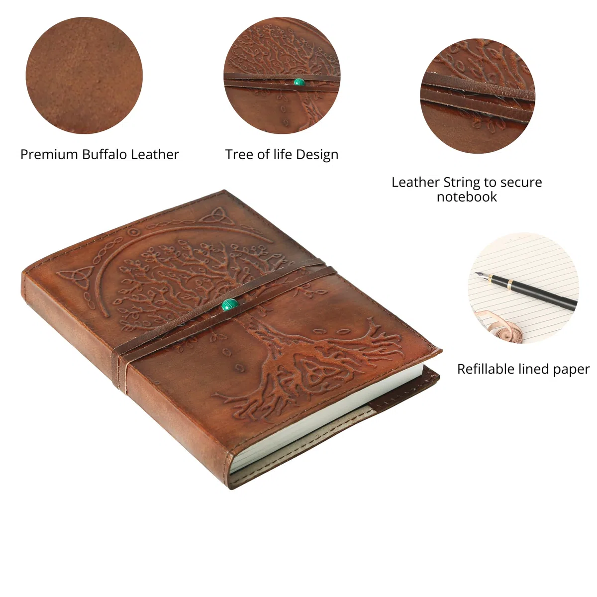 Komal's Passion Leather Diario in pelle, ricaricabile a righe, albero della vita, fatto a mano, da scrittura o taccuino quotidiano rilegato, uomini e donne, ideale come regalo per artisti, schizzi.