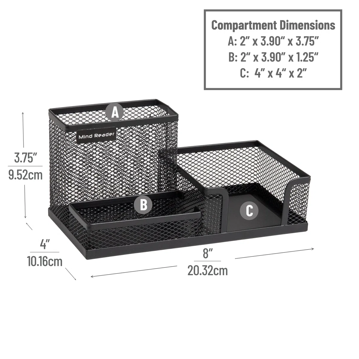 Mind Reader Organizer da scrivania, portapenne, cestino con clip, per ufficio, rete metallica, 20,5 cm di lunghezza x 10,5 cm di larghezza x 10 cm di altezza, nero