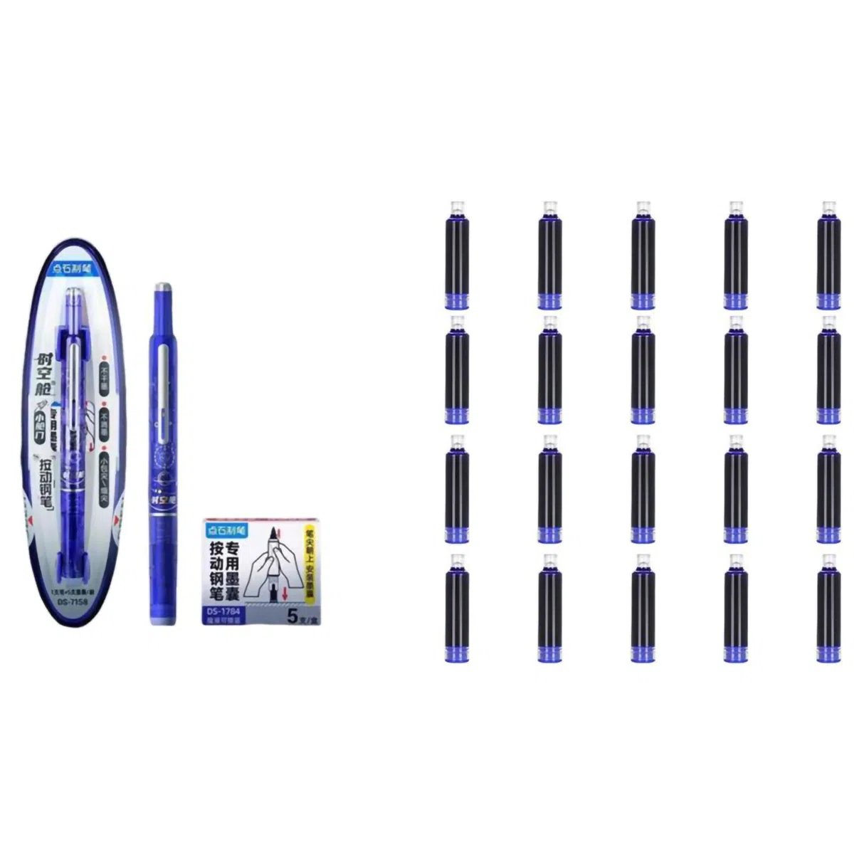 Penna stilografica retrattile Writech Clictek Include 5 cartucce di inchiostro ricaricabili Penne stilografiche retrattili per la scrittura (Blu profondo, Blu cancellabile 1+5+20)