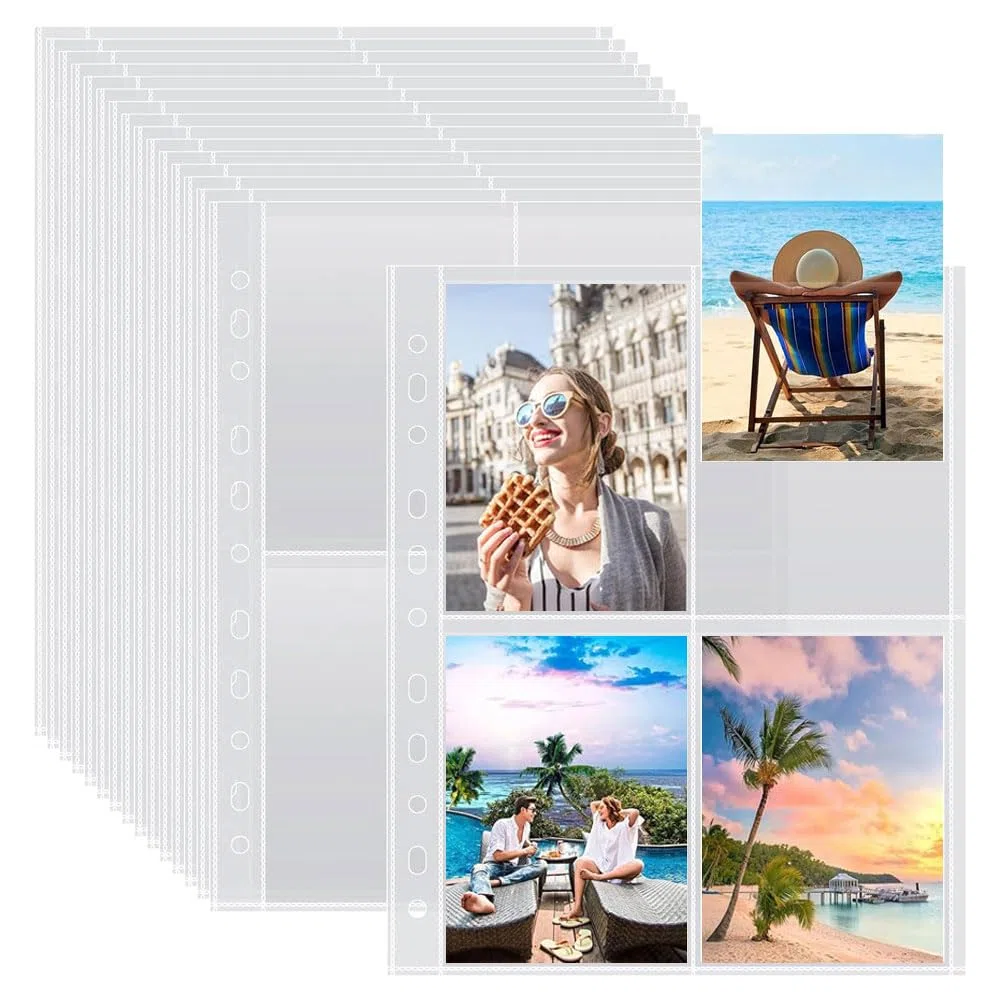100 Pcs Cartoline Buste Trasparenti Per Foto Tasche A4 con Maniche, 4 Scomparti
