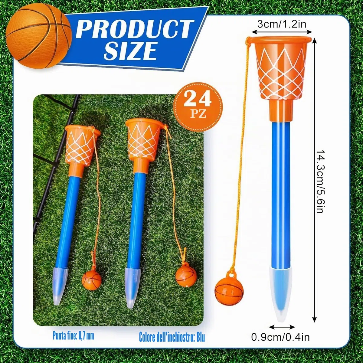 LATERN 24 Pezzi Penna a Sfera da Basket con Cerchio, 14CM Penne a Inchiostro Blu da Basket Penne a Punta Fine da 0,7mm Penne da Scrittura con Impugnatura Morbida per Studenti Festa Forniture