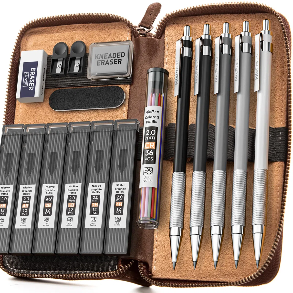 Nicpro 5 Pezzi 2mm Metallo Matite Meccaniche con Pelle Astuccio, Art Portamine Falegname Set con Grafite Mine Nero & Colore (4B 4B 2B HB 2H) Gomma Temperamatite per Artista Disegno Scrittura Schizzi