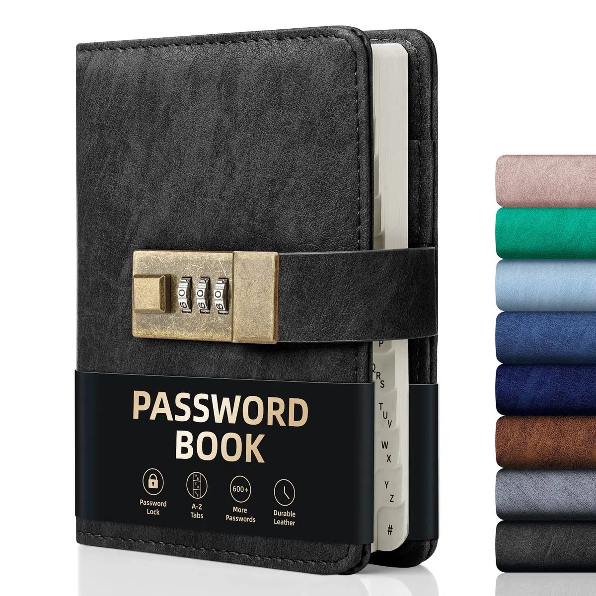 WEMATE Quaderno delle password con lucchetto, Quaderno delle password con registri alfabetici, 600+ posti per password, Diario con lucchetto, Nero