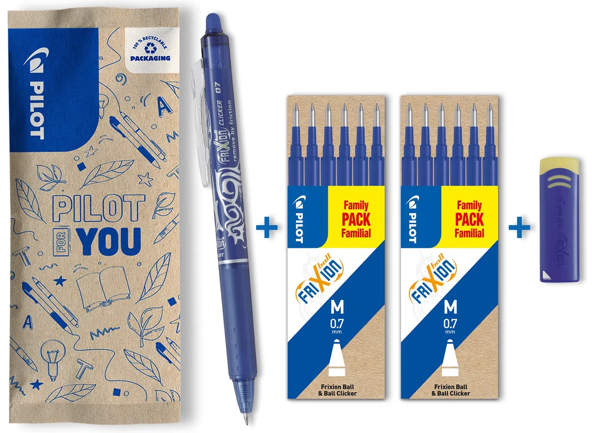 PILOT - Set di 1 FriXion Ball Clicker 07 + 2 set di 6 Ricariche + gomma - Penna Cancellabile con Inchiostro Termosensibile - Penna roller a scatto e Ricaricabile - Blu - Punta Media