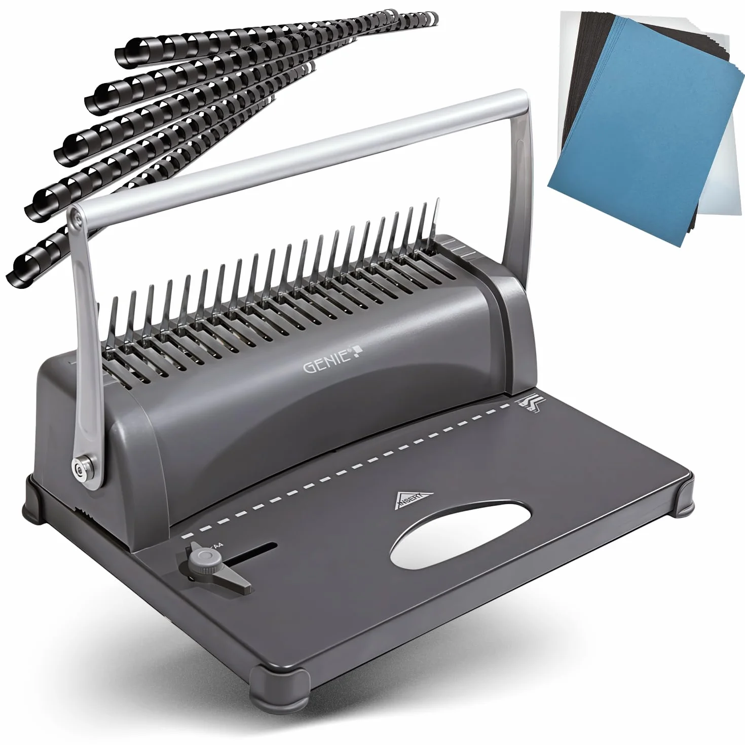Genie CB 850 spiralbindeg Batterie (fino a 350 fogli, DIN A4, da 75 pezzi incluso Starter set) argento/nero