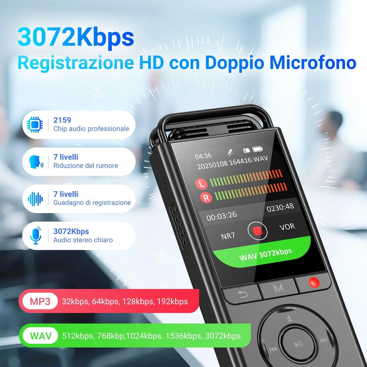 MECHEN 144 GB Registratore Vocale Digitale, Registratore Vocale Attivato con Tempo di Registrazione 10.000 h, Audio HD 3072Kbps, Riduzione del Rumore, Modalità Prima, Password e Riproduzione (V06)
