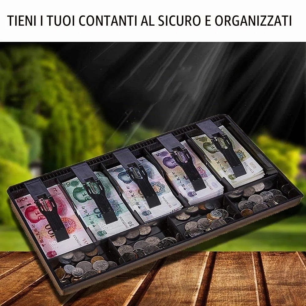 Vassoio di Cassa, 40,5 * 24,5 * 3,5cm Cassetto di Cassa a 9 Griglie Cassetto di Cassetto Porta Contanti con 5 Banconote e 4 Monete Rimovibile Cassettiera del Registratore di Cassa