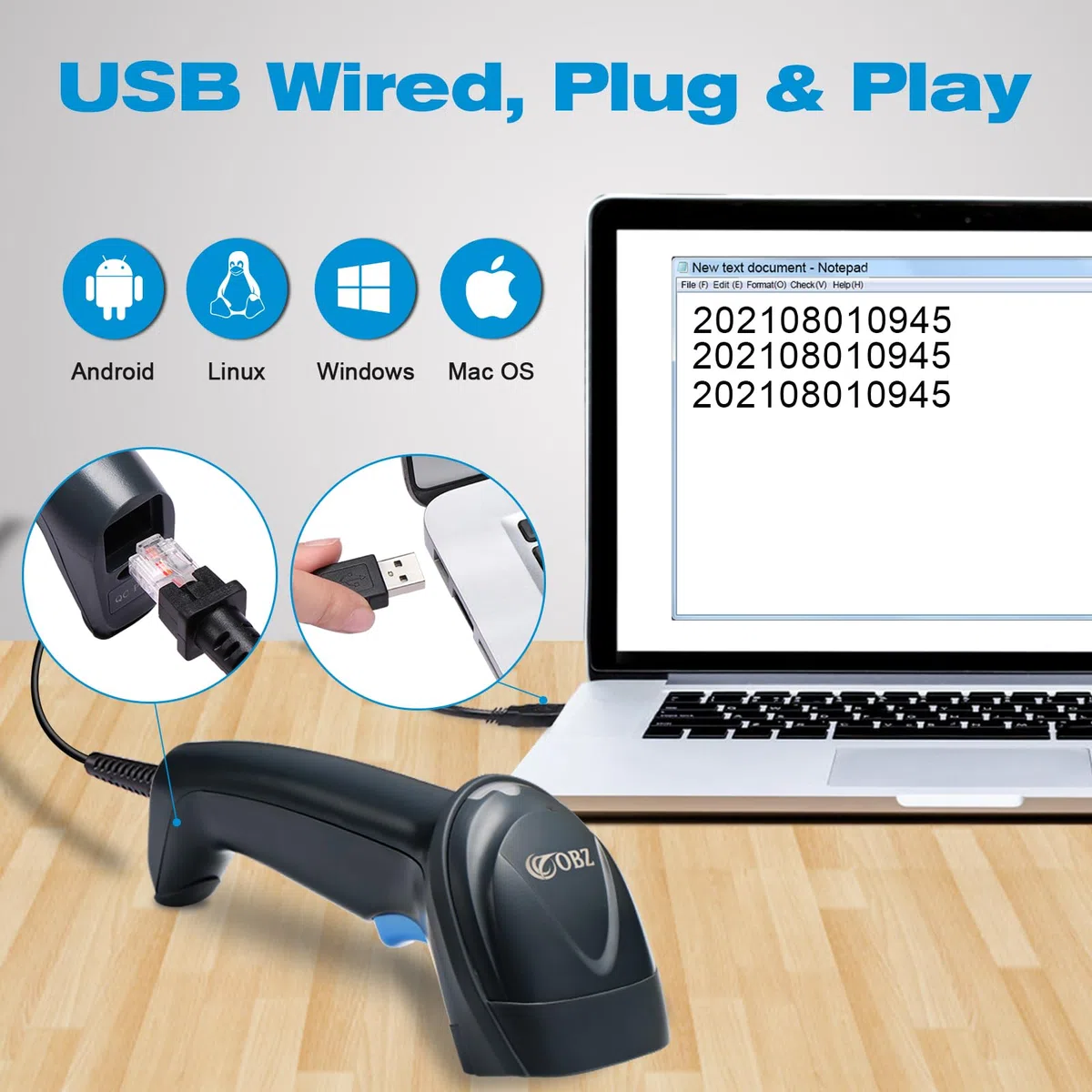 OBZ Lettore Codice a Barre 2D 1D Lettore Barcode USB Cablato Lettore QR Code per PDF417 Data Matrix Scanner di Codice a Barre Palmare Scansione Automatica dello Schermo Pistola Barcode per PC MAC POS