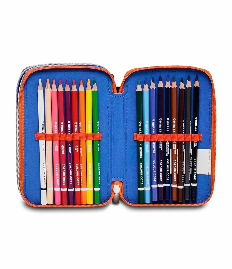 Seven Sonic Astuccio Scuola Elementare 3 Scomparti, COME AND GET ME, Blu Rosso, Contenuto 43 pz, Completo di Matite, Penne, Pennarelli, Portapenne Scuola Bambino Elementari