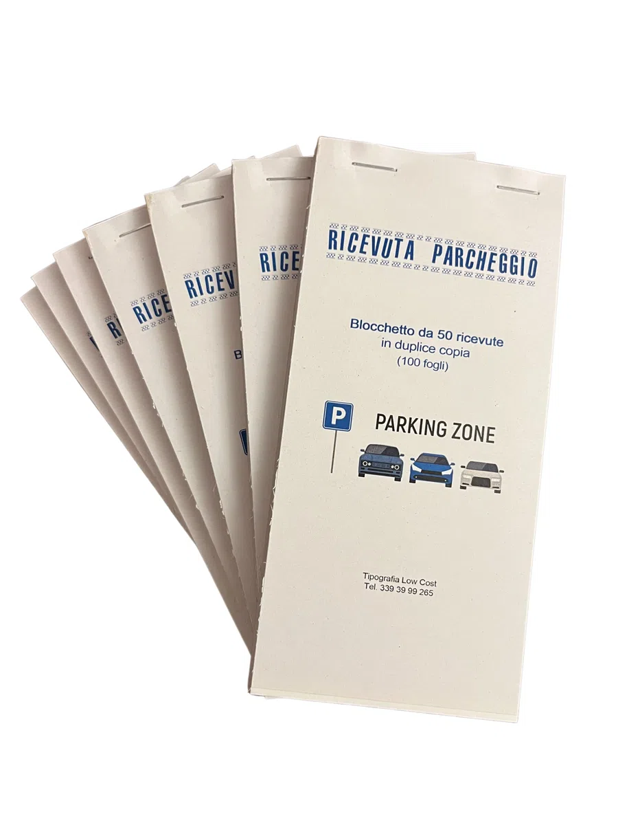 Ricevuta Parcheggio, Parking. Blocchetti in carta Copiativa, F.to 8x17 cm, 50 ricevute in duplice copia ogni blocco. (20)