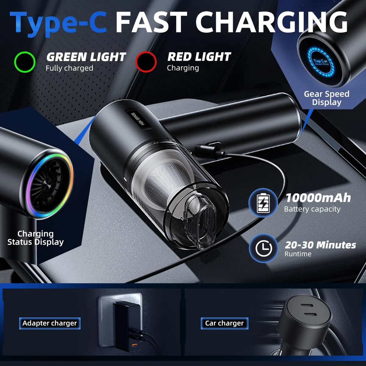 AECHO Aspirapolvere Auto Potente,20000pa 4 in 1 Aspirabriciole Senza Fili,Doppio Filtro,Leggero e Ricaricabile,Aspirapolvere a Mano per PC,Auto,Divano,Animale Domestico,Cucina