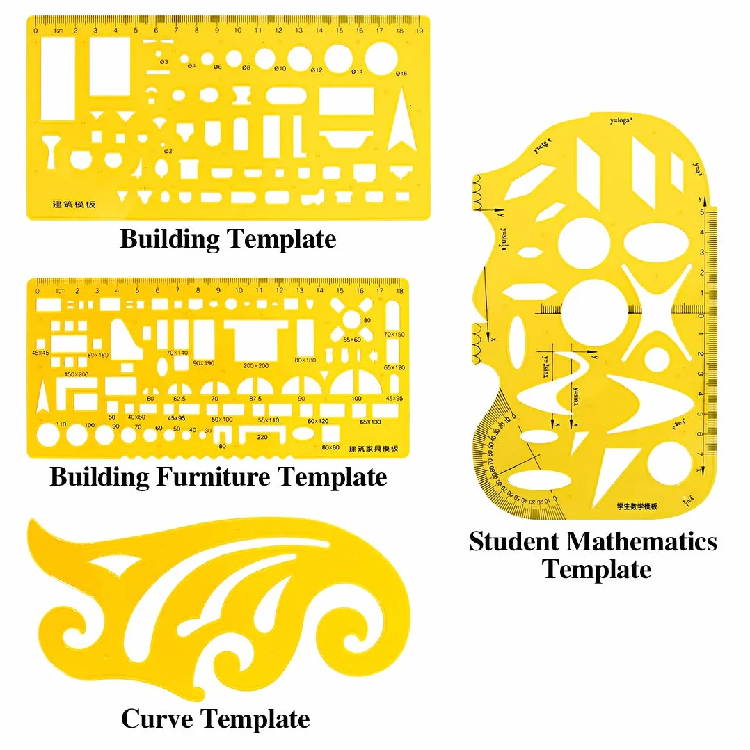 Swpeet Kit di 18 modelli di disegni geometrici gialli in plastica, 10 diversi modelli di misurazione geometrici, stencil con 2 matite e 5 righelli di misurazione per disegno, ingegneria e disegno