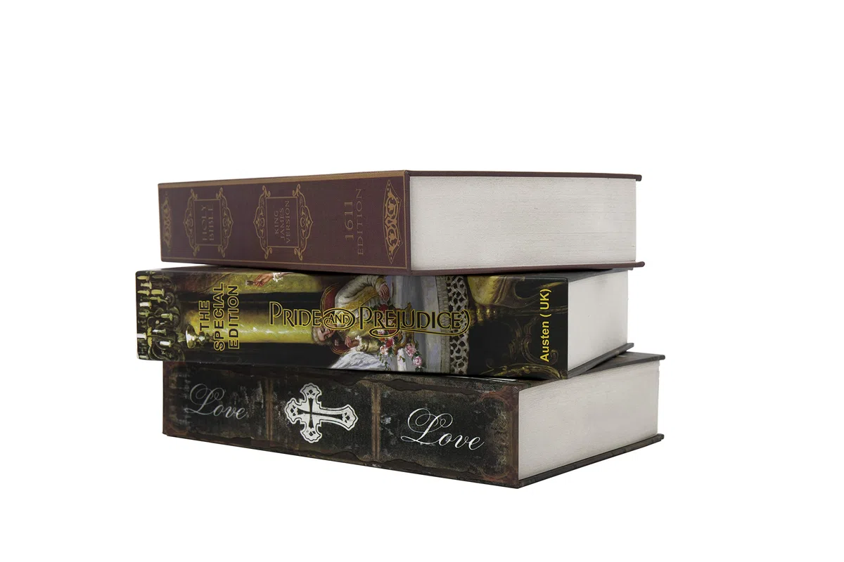 Libro di trasferimento di carta autentico sicuro per gioielli, denaro e contanti, cavo con scomparto nascosto, chiave e lucchetto a combinazione (blocco password, Alice)