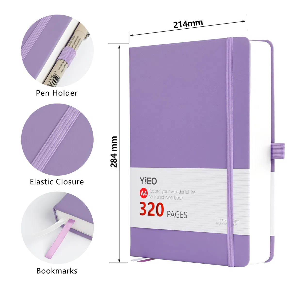 Quaderno a righe formato A4, grande blocco notes con copertina rigida e 320 pagine di carta spessa di alta qualità, senza trasparenza, giornali in pelle per donne e uomini, tasca interna, viola
