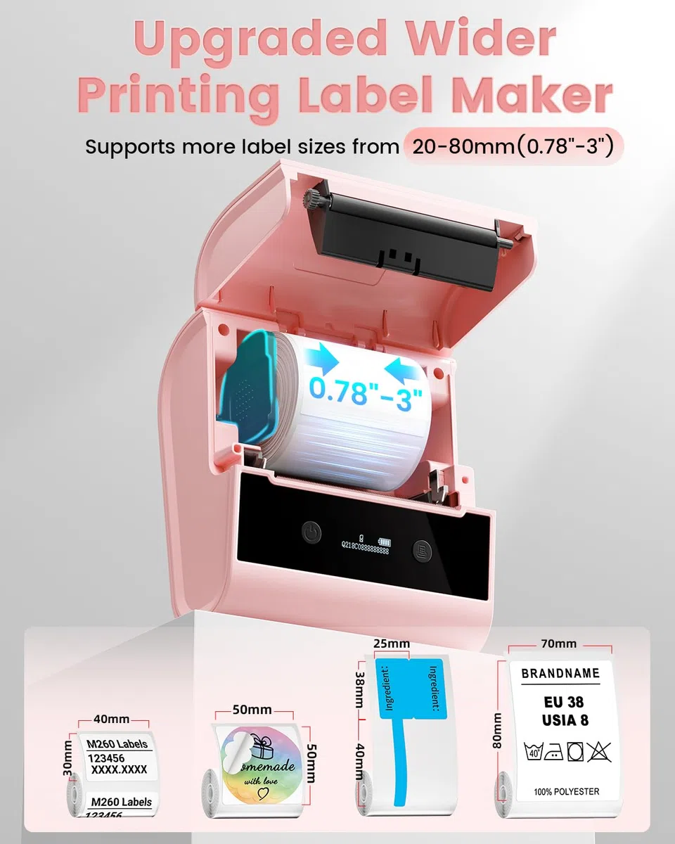 Memoking M260 Stampante per Etichette - Stampante termica per Etichette Portatile, Bluetooth Etichettatrice Etichette Adesive, Adatto per Ufficio,Codice a Barre, Trasporto, Cavo, Negozio, Rosa