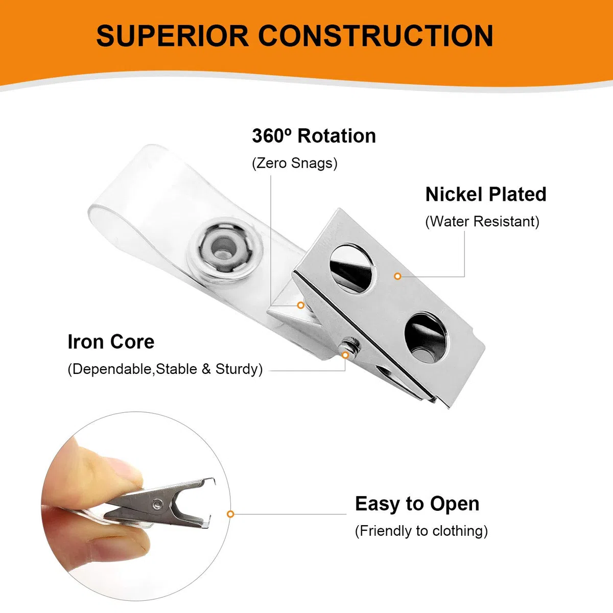 Fushing - Clip per badge in metallo con cinghiette in PVC trasparente per carte d'identità e porta badge (100)