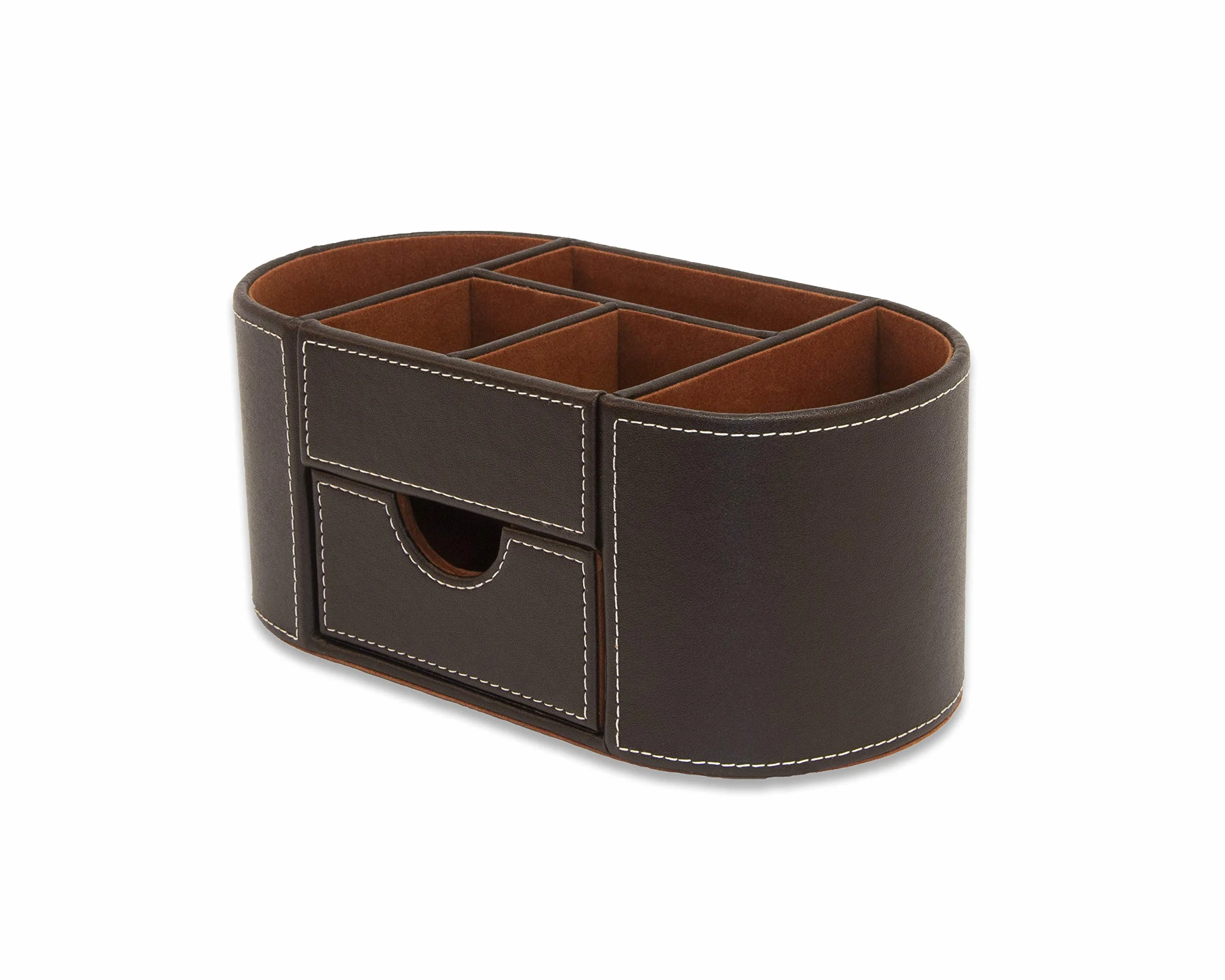 OSCO Organizer da scrivania in ecopelle marrone con cassetto, organizer da scrivania, portapenne, contenitore per trucchi, portapenne, 6 scomparti, contenitore per cancelleria, 10 x 23 x 12 cm