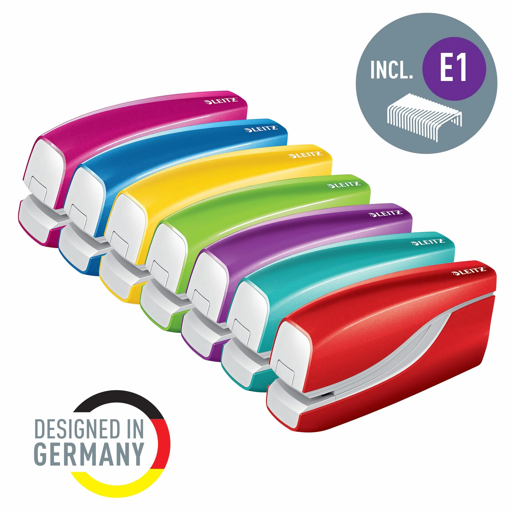 Leitz WOW Cucitrice Elettrica con Levapunti Integrato, Capacità di 10 Fogli, Alimentazione a Batteria, Include 1000 Punti Metallici E1, Rosso Metallizzato, 55661026