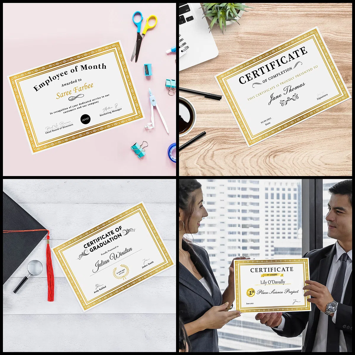 Belle Vous Carta per Diplomi e Certificati Bianca (50pz) - Carta Pergamena A4 per Stampanti con Bordo in Lamina d’Oro - Fogli di Carta Pergamena per Stampante Laserjet per Lavoro, Laurea e Diplomi