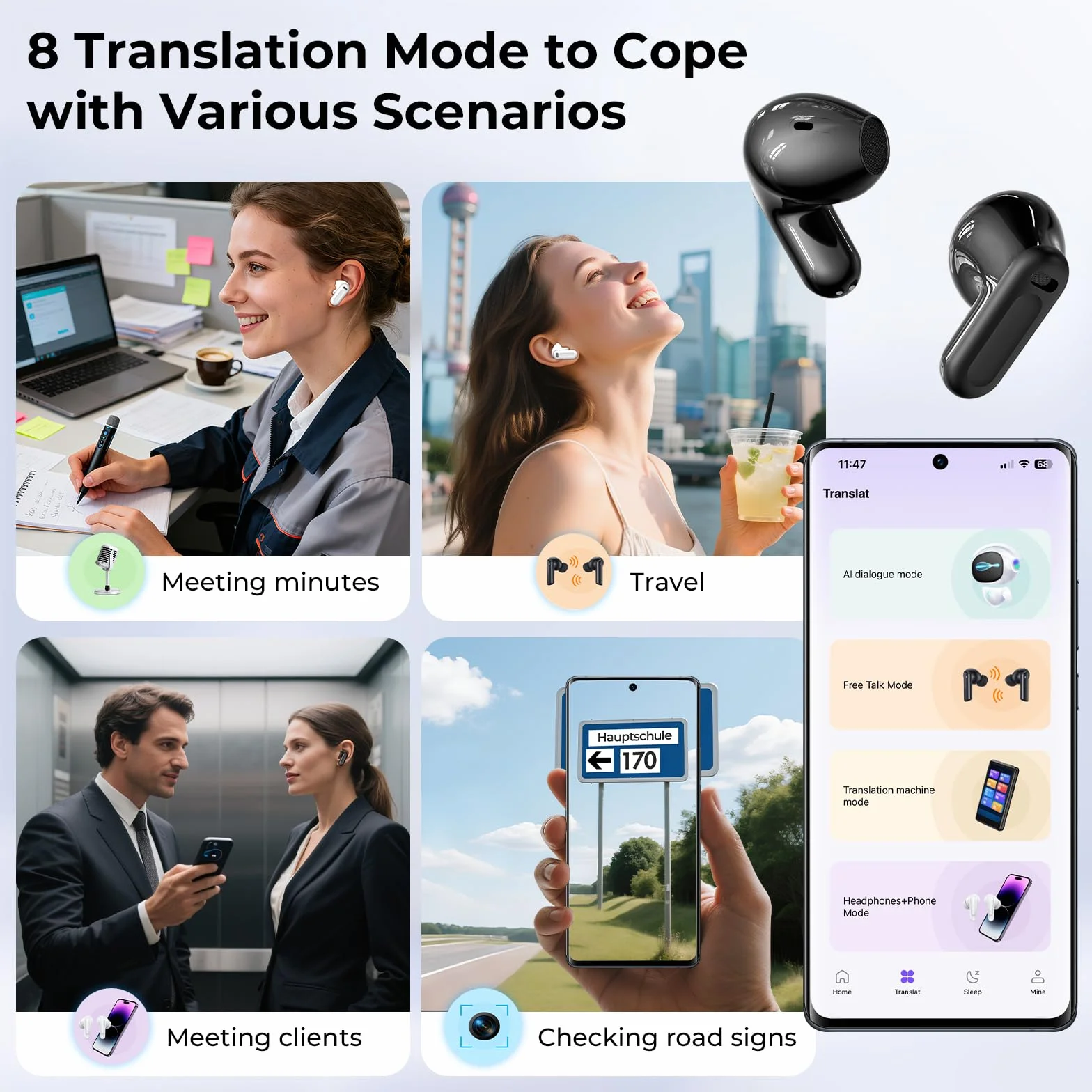 NE20 AI - Traduttore per cuffie, 3 in 1, in tempo reale, 134 lingue con app, 8 modalità di traduzione, Bluetooth 6.0, colore: Bianco