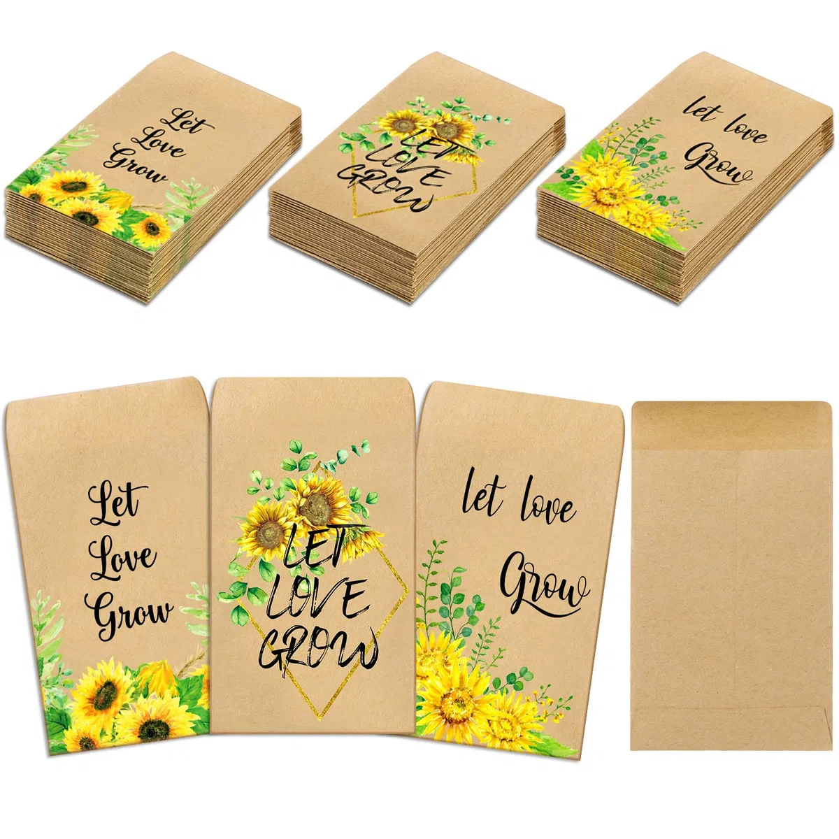 150 pacchetti di semi di verde Let Love Grow, buste autoadesive per matrimoni, Natale, San Valentino, bomboniere per gli ospiti, 3 stili (girasole)