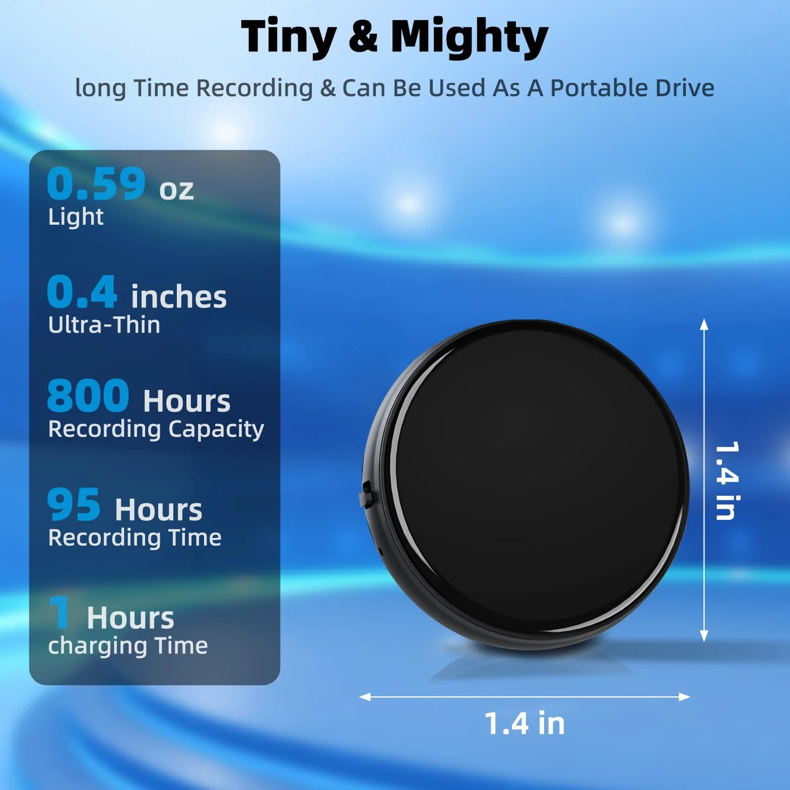 Hinne Mini registratore vocale 64GB, attivazione vocale, registrazione continua 800 ore, interfaccia audio 3,5 mm