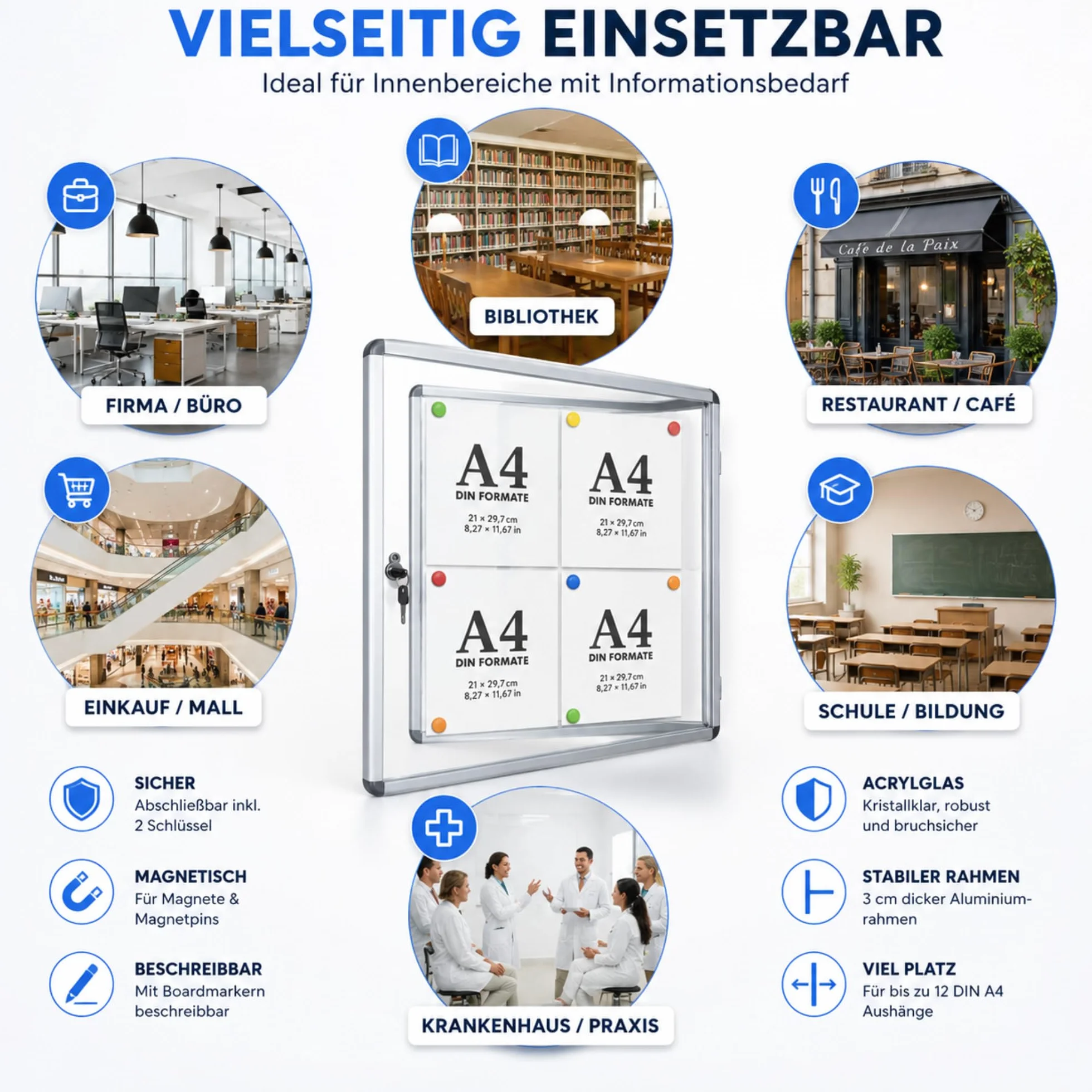 Floordirekt Vetrina 2 x A4 con 4 calamite, cassetta informativa, da appendere alla parete posteriore magnetica e scrivibile, con telaio in alluminio e vetro acrilico