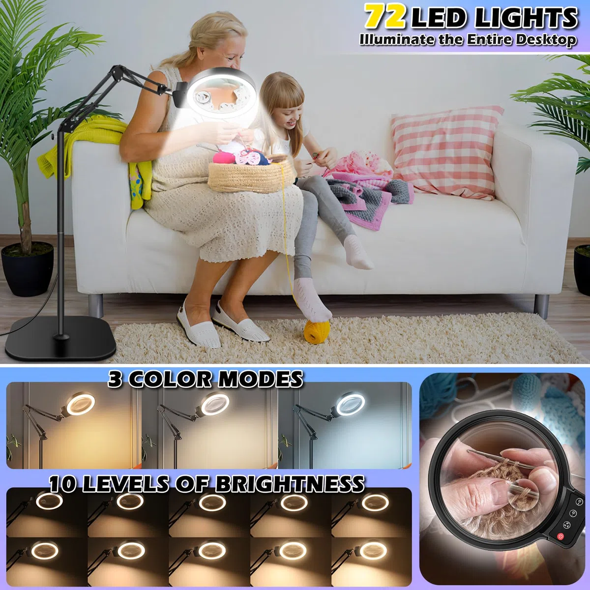 NZQXJXZ 10X 30X Lente Ingrandimento con Luce e Supporto, 2 in 1 Lampada d'Ingrandimento da Pavimento Dimmerabile a 72 LED, Lente di Ingrandimento per Lettura, Lavori Ravvicinati, Hobby