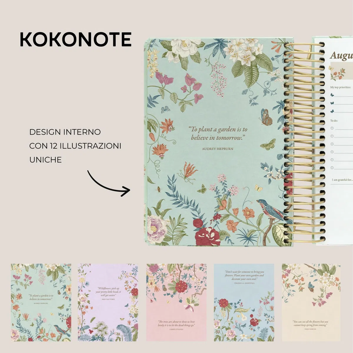 Kokonote Agenda Giornaliera 2026 2027 Seasonal Flowers - Diario Scuola 2026 2027 per Università e Scuola Superiore | Daily Planner con Copertina Rigida, Segnalibri, Stickers e Anelli Rinforzati