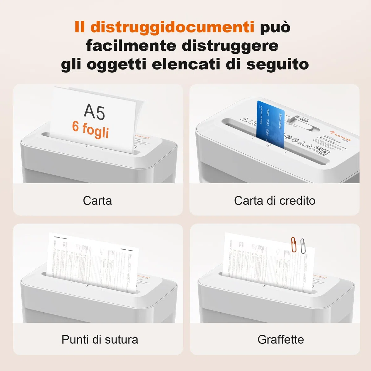 Bonsaii Distruggidocumenti, Taglio a Croce 6 Fogli (A5), Alta Sicurezza P-4 con Cestino 6L, per Carta, Carte di Credito, Graffette & Punti Metallici, C292-A