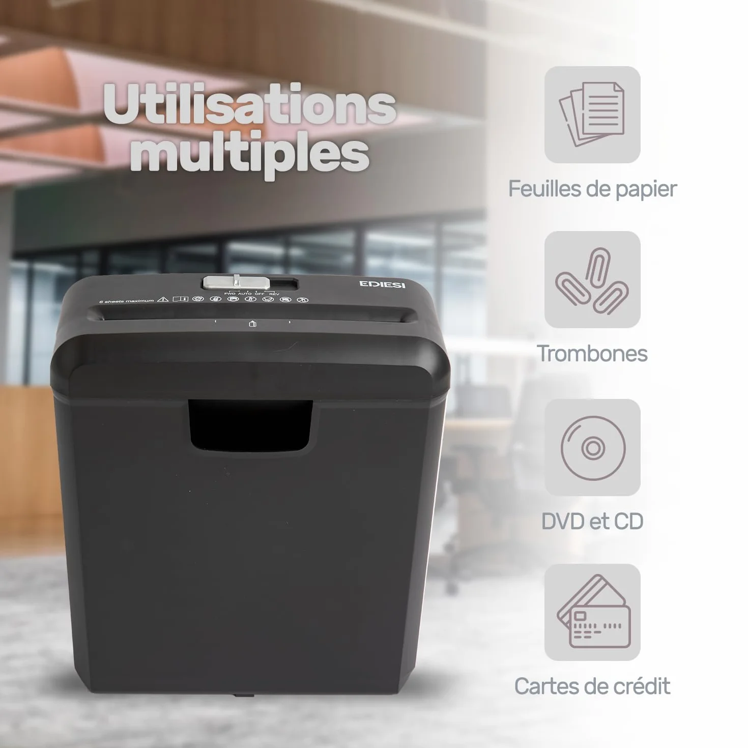Ediesi, Distruggi Documenti, per Casa, Ufficio, Tritadocumenti, fino a 6 fogli, per carte di credito, CD e DVD, portatile con cestino da 10 litri