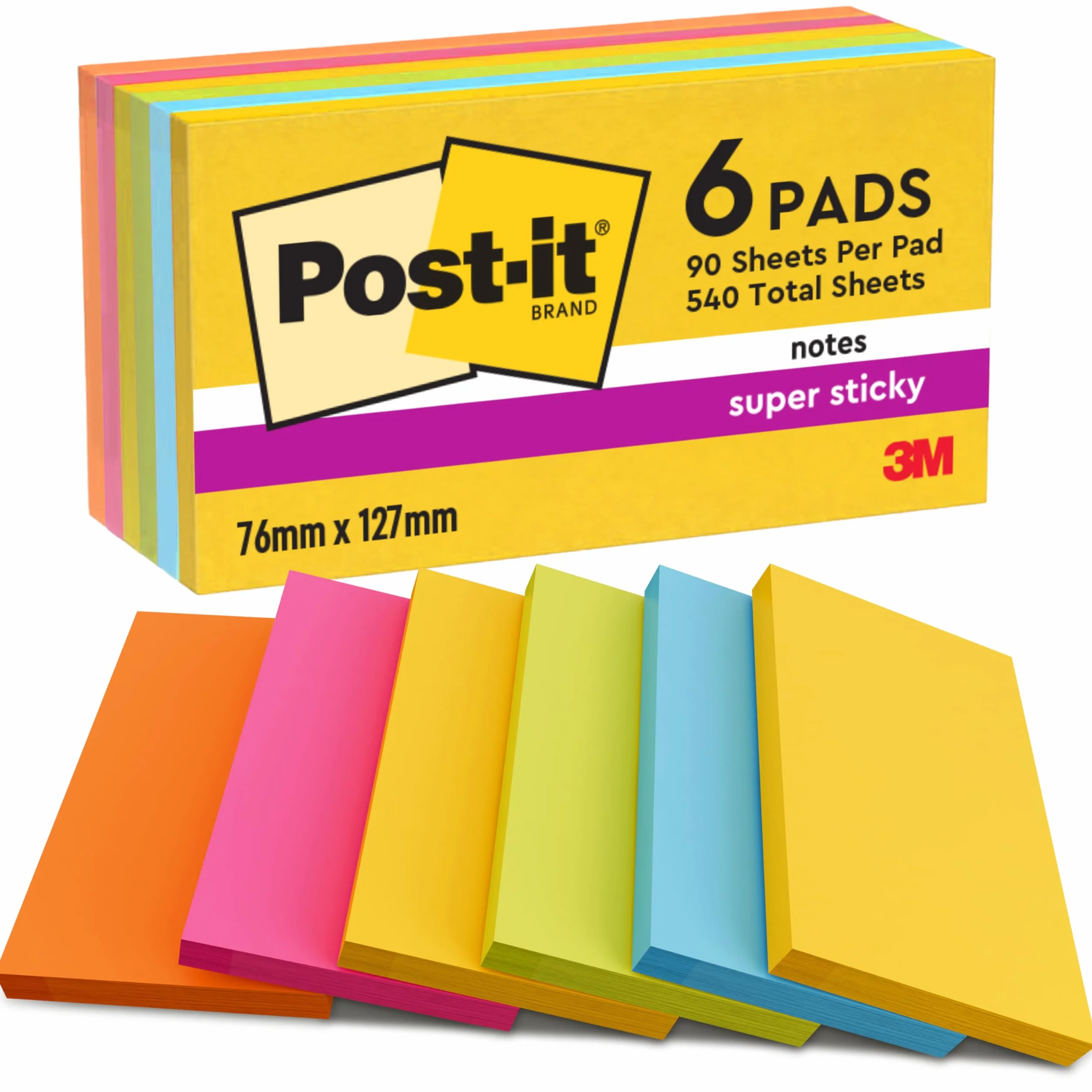 Post-it Foglietti Super Sticky, Collezione Carnival, Confezione da 6 blocchetti, 90 Fogli/blocco, 76mm x 127mm, Colori Giallo, Azzurro, Verde, Rosa, Arancione. Per Appunti, Elenchi & Promemoria