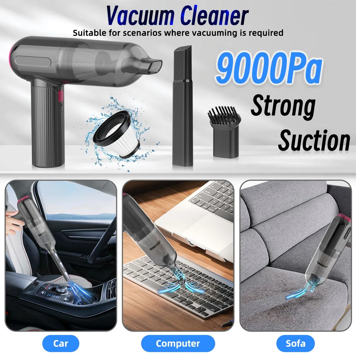Dealswin 4 in 1 Mini Aspirapolvere per Computer 9 KPA Aspirabriciole Auto Senza Fili, 80000 Giri/Min 3-Gear Soffiatore Portatile Elettrico Rimuovi Polvere Aria Compressa per PC, Divano, Casa, Ufficio