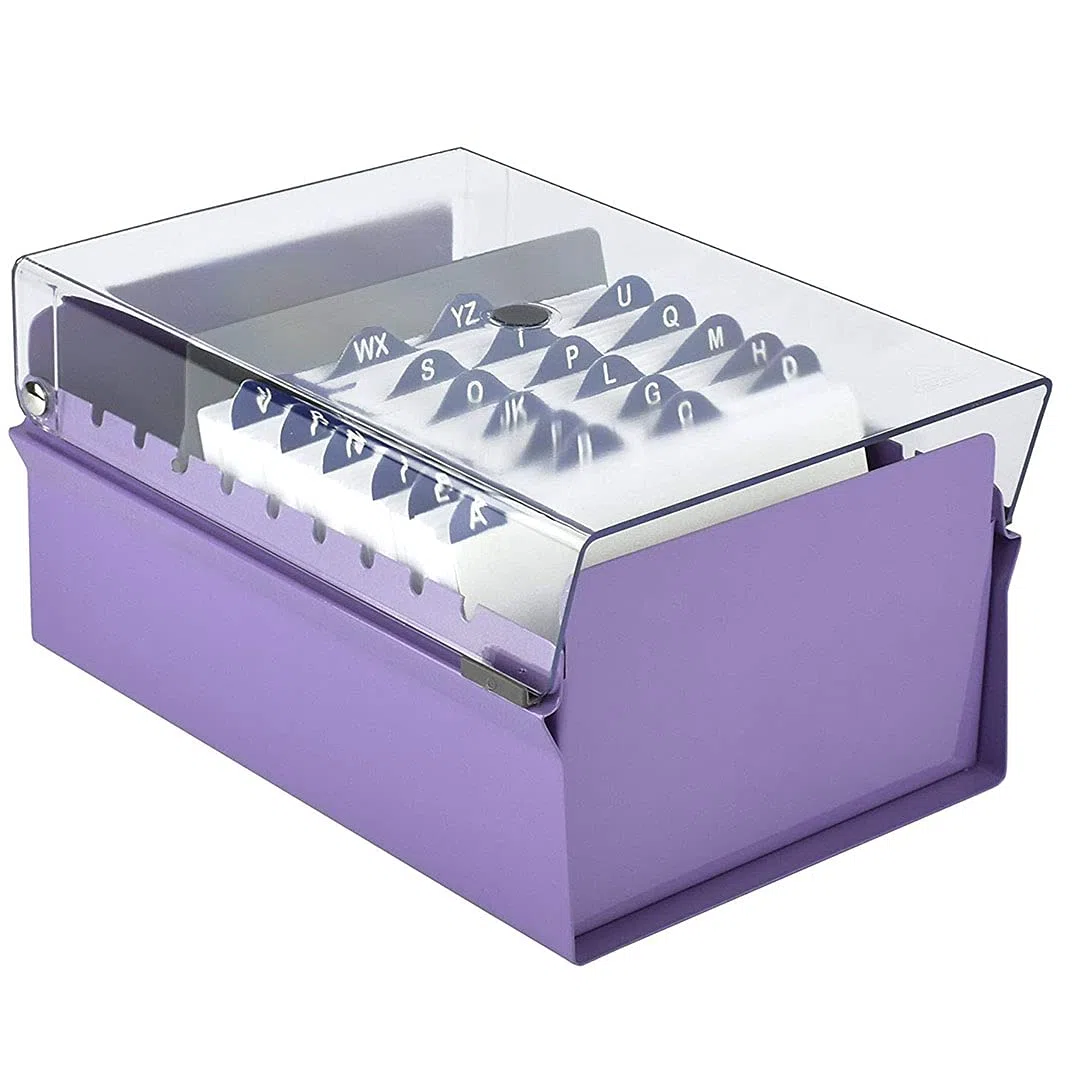 Acrimet Portacarte Organizzatore 4'' x 6’', Base in Metallo Resistente (Indice AZ e un Divisore di Plastica Include) (Base Viola con Coperchio Trasparente in Plastica)