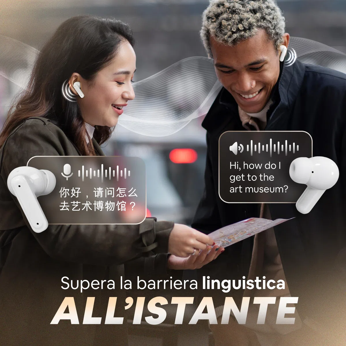 Cuffie Traduzione Simultanea con IA e 158 Lingue, Auricolari Traduttore Simultaneo per iOS e Android, Traduzione in Tempo Reale, ANC, Custodia Touchscreen