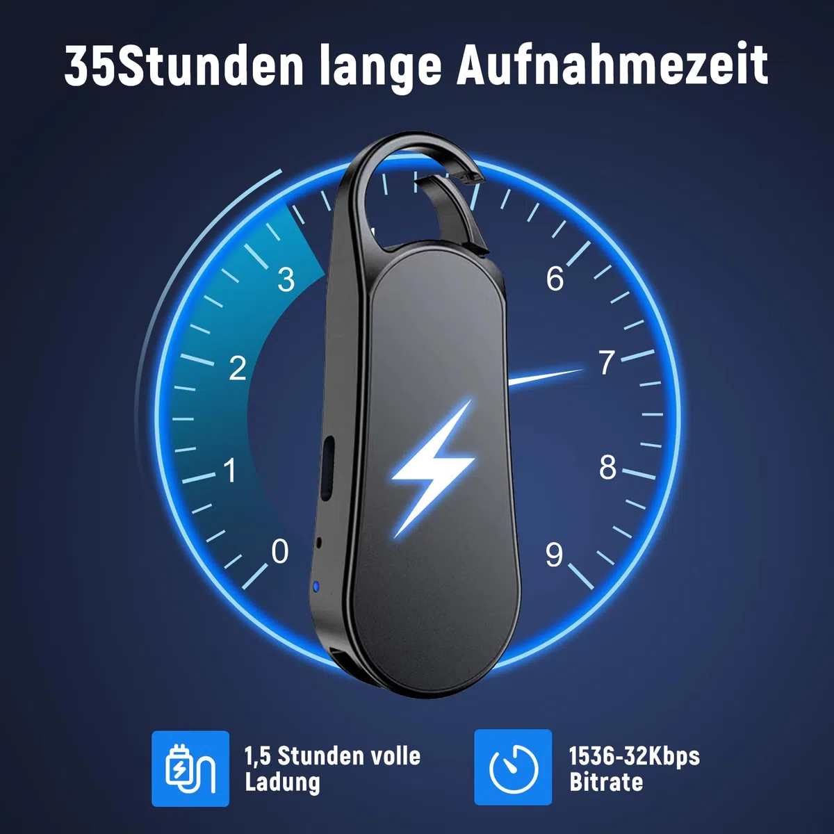 64GB Ponovo Registratore Vocale Design Portachiavi con Custodia in Metallo, Funzionamento a Un Tasto, Audio Hi‑Fi 1536 kbps e Attivazione Vocale – Ideale per Interviste e Riunioni