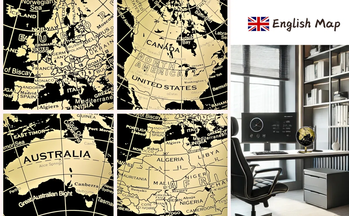 Exerz Mappamondo Nero e Oro 14cm, Mappa in Inglese,Mini Globo Geografico Educativo con Arco e Base in Bronzo, Elegante Decorazione e Strumento Didattico