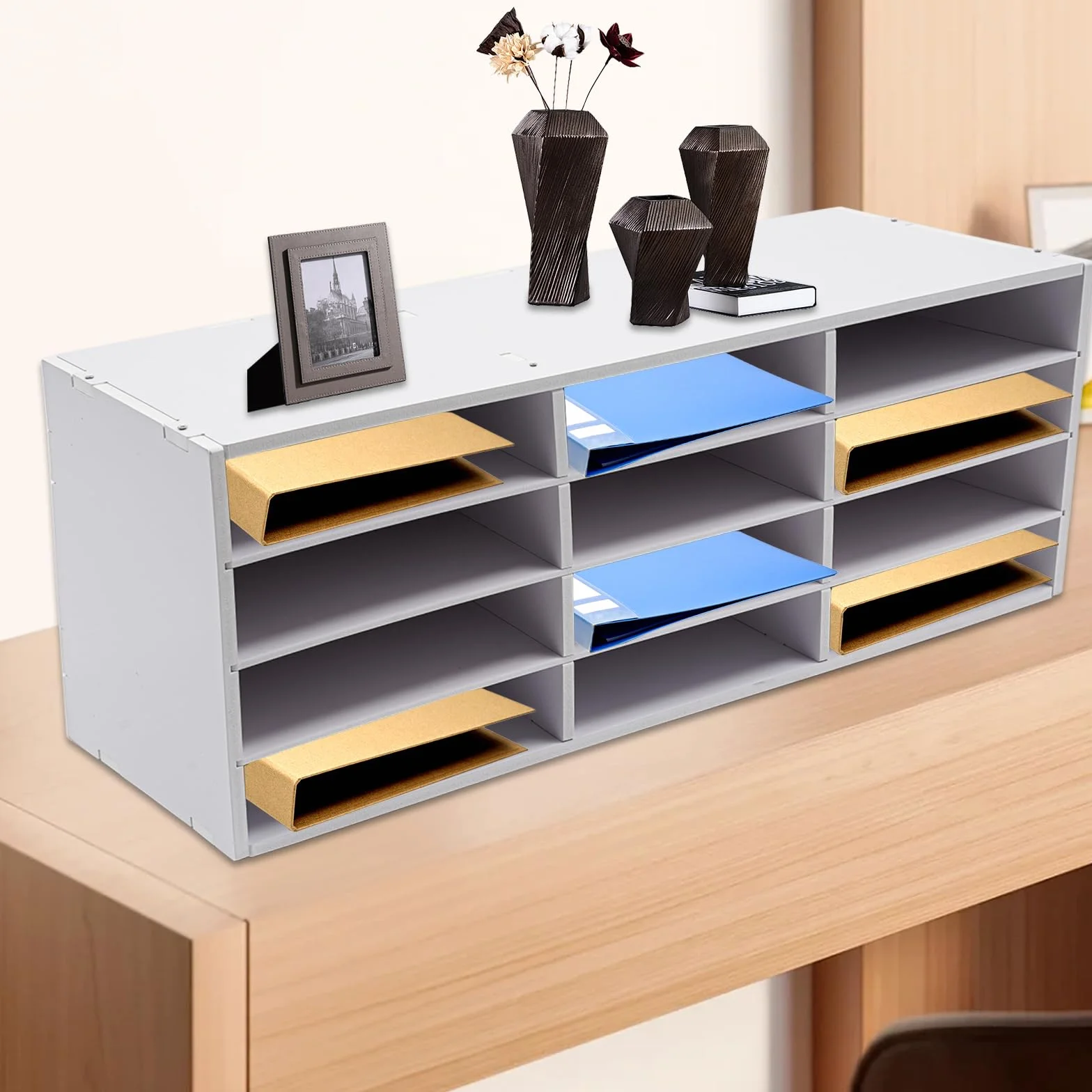 Portadocumenti a 4 ripiani, con 12 scomparti, da scrivania, per la letteratura, per la casa, l'ufficio, l'aula, il fai da te, 80 x 30,8 x 30 cm (bianco)