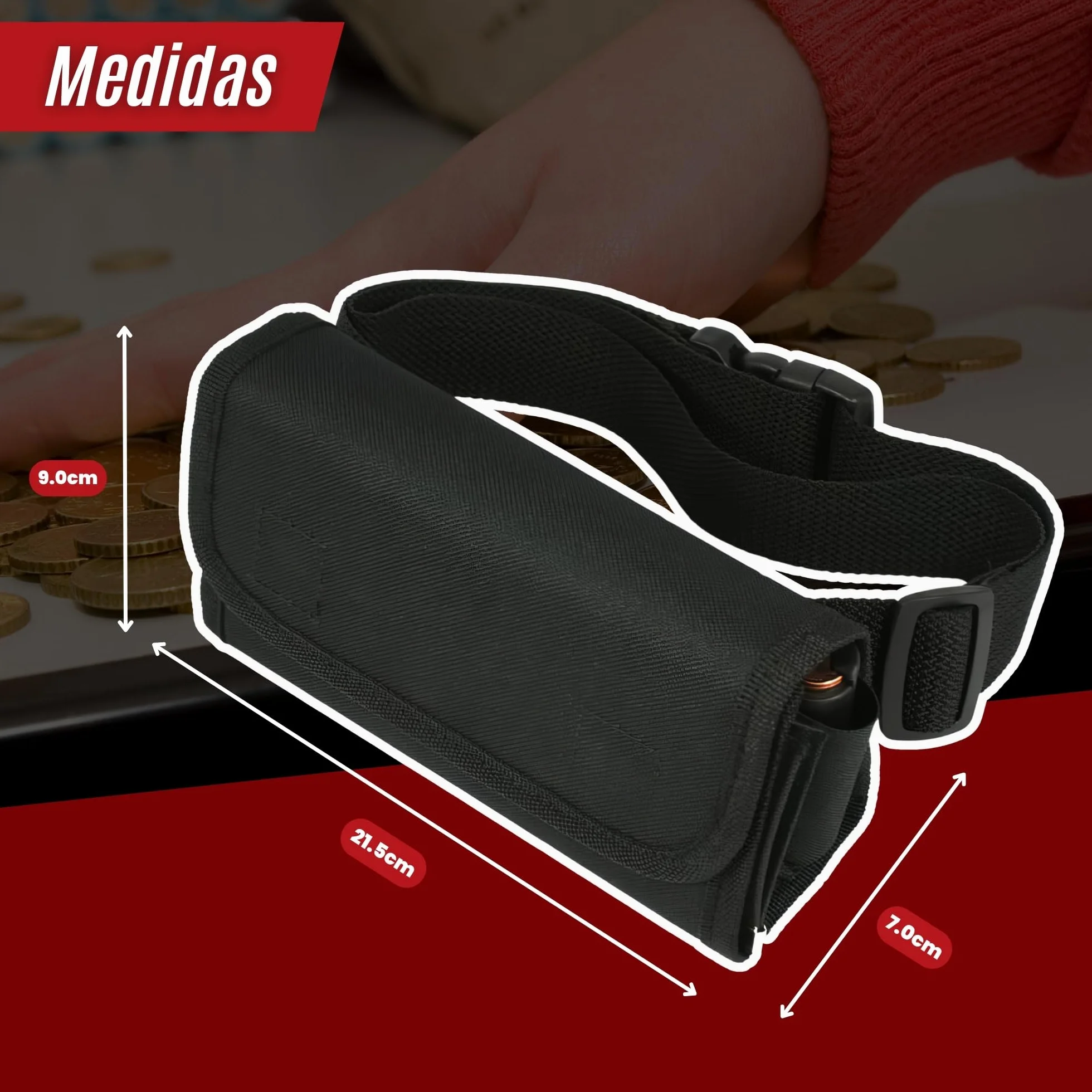 Portamonete e banconote + penna rilevatore banconote false | Marsupio barista e dispenser di monete per taxi, camerieri, venditori (nero + marsupio)