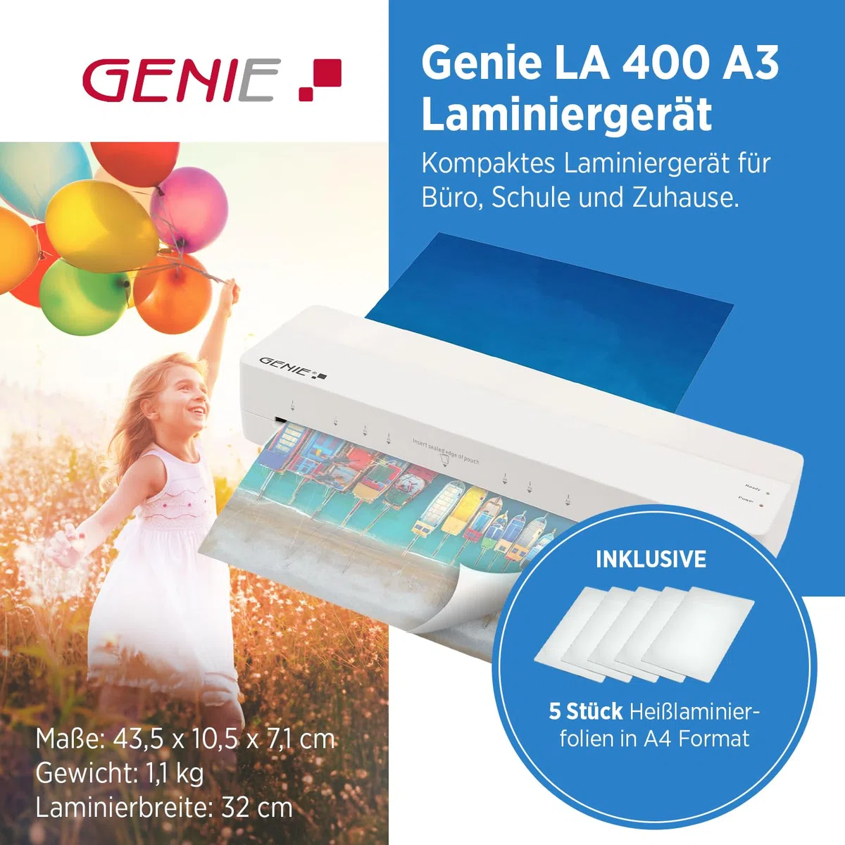 GENIE LA 400 A3 - Plastificatrice a caldo con 2 rulli riscaldanti, per scuola, ufficio e ufficio domestico, con 5 pellicole di laminazione, plastificatrice A3 e A4 con pellicole, plastificatrice