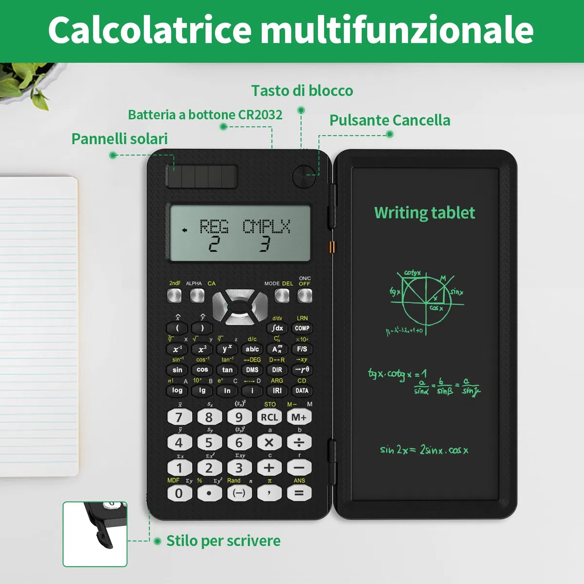 NEWYES Calcolatrice Scientifica 349 Funzioni,Aggiornata 991MS Calcolatrici con Lavagnetta da Scrittura, con Batteria Solare, Professionale, Portatile, Pieghevole, per Studenti, Insegnanti