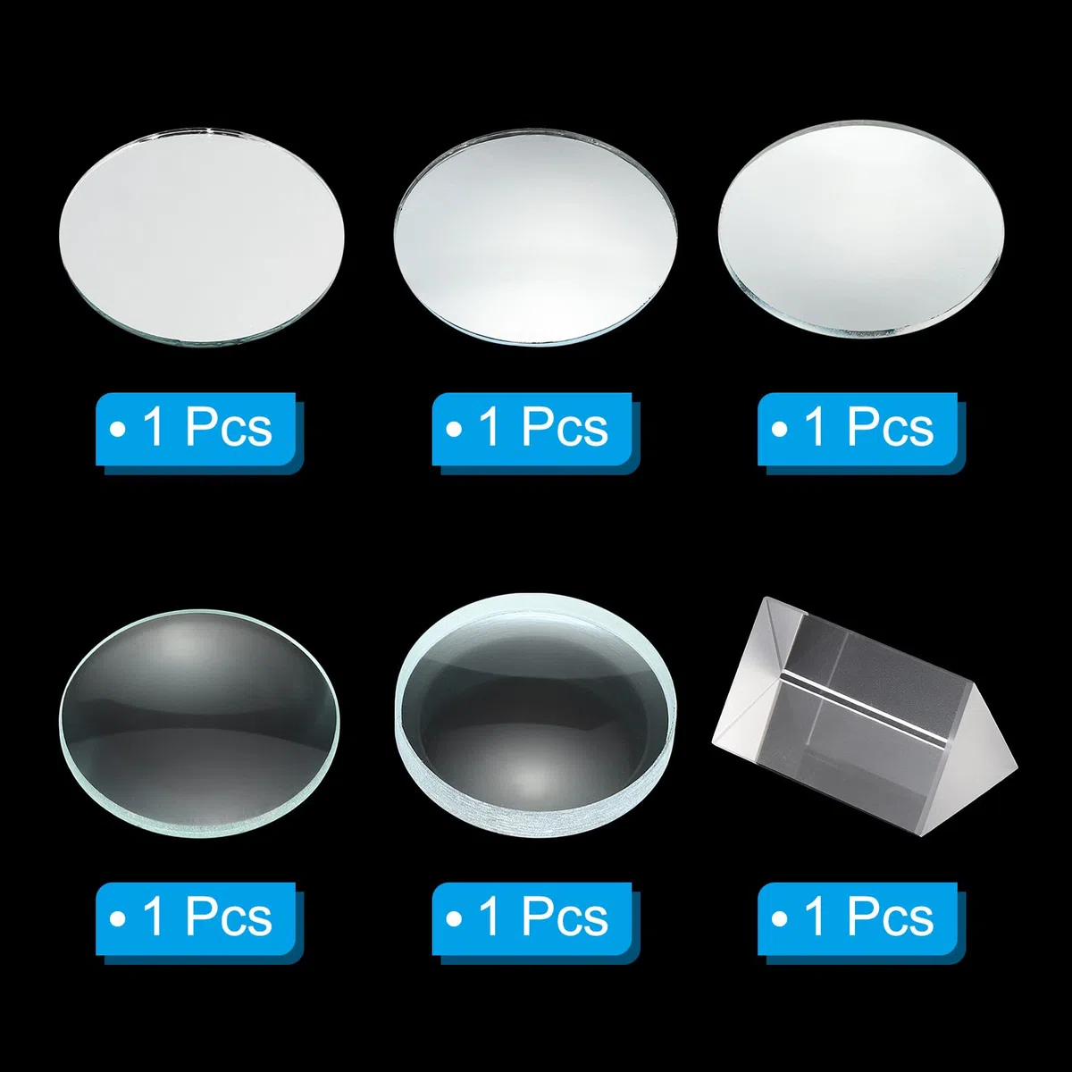 PATIKIL Set Lenti Ottiche, 6Pz Lente Biconvessa, Lente Biconcava, Lente a Prisma, Specchio Convesso, Specchio Concavo, Specchio Piatto Per Insegnamento Fisica, Trasparente