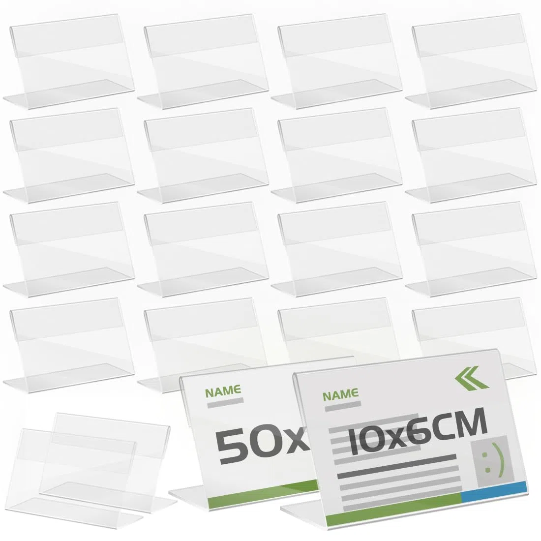 50 Pezzi Espositore da Tavolo Inclinati, 10x6 cm Espositore in Acrilico Trasparente, Supporti per Presentazioni Cartelli, Visualizzazione Portanome per Carta, Schede, Immagini, Menù ecc