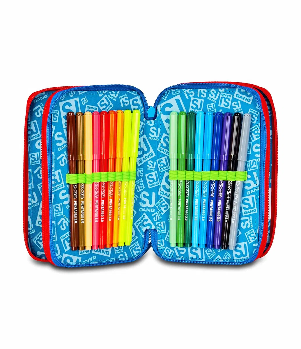 SJ GANG STYLE JAM GANG Astuccio Scuola 3 Zip,Blu, Portapenne Triplo Scomparto Completo Di Penne, Matite, Colori, Accessori Zaino, Scuola Elementare, Bambino