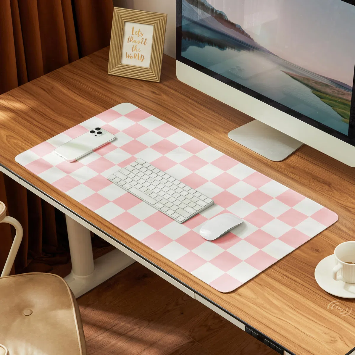 Ohocut Tappetino da scrivania a scacchi, grande, carino estetico retrò, in pelle PU, per computer portatile, antiscivolo, impermeabile, per scrivania per lavoro/casa (rosa, 80 x 40 cm)